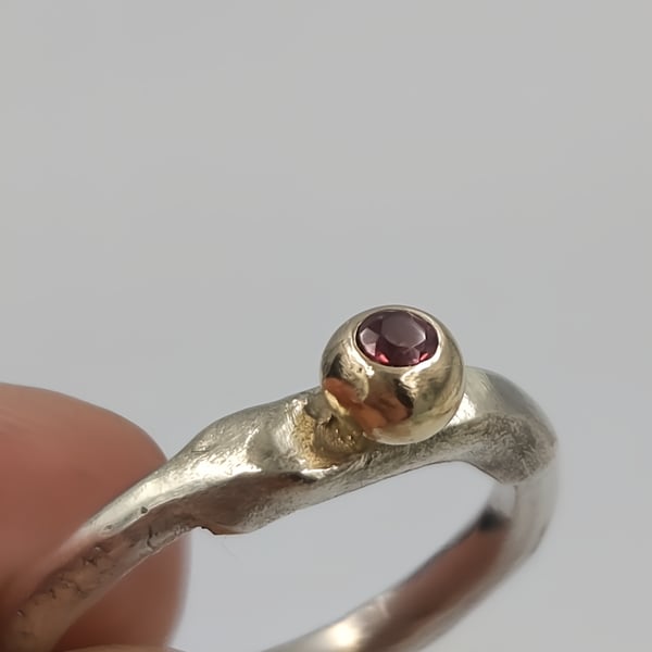 Molten Silver Pinky Ring with Gold Granule and Garnet
