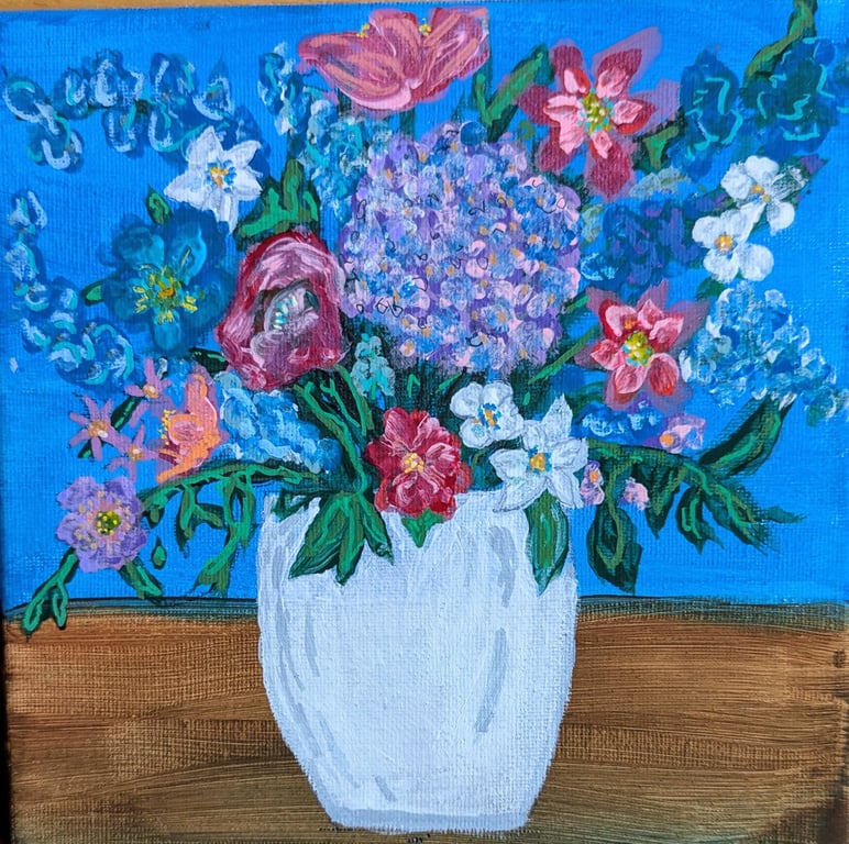 Original Flower Painting - Hand Painted Acrylic Flowers in a Vase