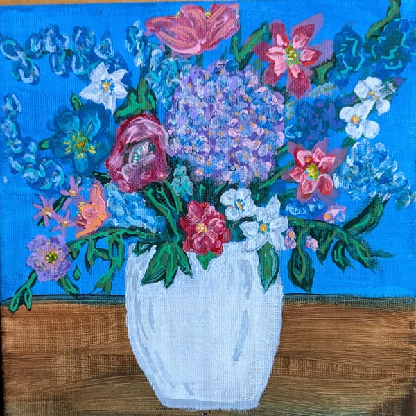 Original Flower Painting - Hand Painted Acrylic Flowers in a Vase