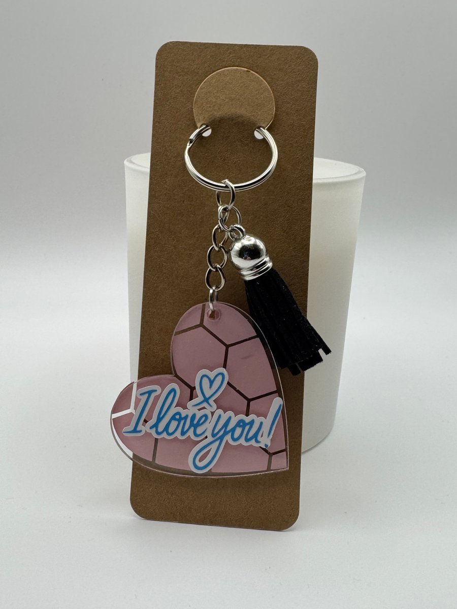 I Love You Heart Keychain – Pink Geometric Design with Black Tassel