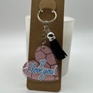 I Love You Heart Keychain – Pink Geometric Design with Black Tassel