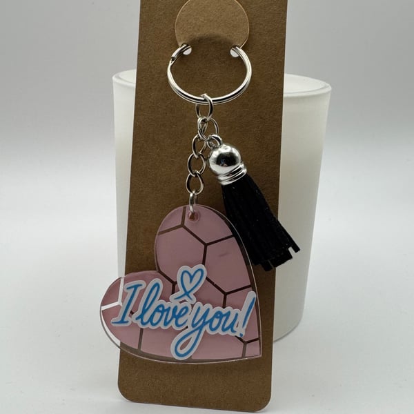 I Love You Heart Keychain – Pink Geometric Design with Black Tassel
