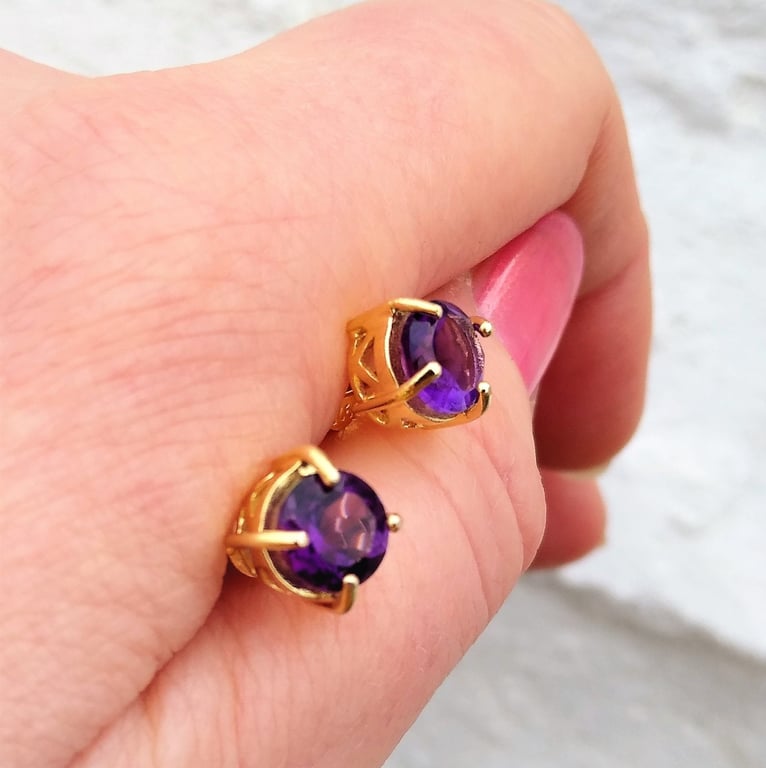 Brazillian Amethyst Faceted 6mm Round Gold Ear Studs