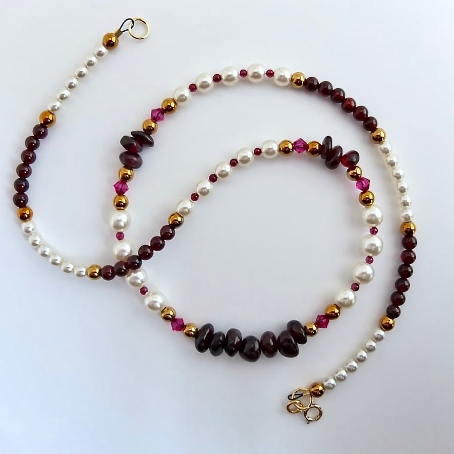 Garnet, Glass Pearl, Hematite & Swarovski Crystal Necklace - Handmade In Devon.