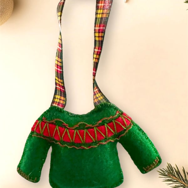 Fair isle Christmas jumper decoration, embroidered tree bauble, tartan red green