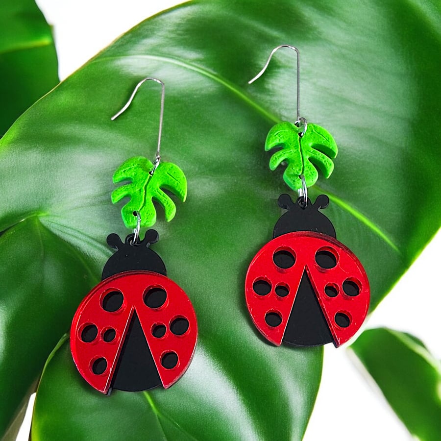 Ladybird Bug and Monstera Earrings - Courtney Custom