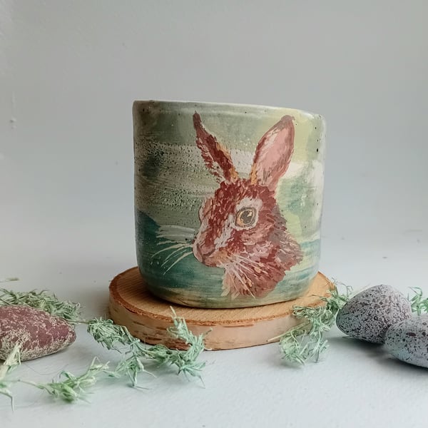 Hare cup, hand painted earthenware ceramic wood fired, organic shape