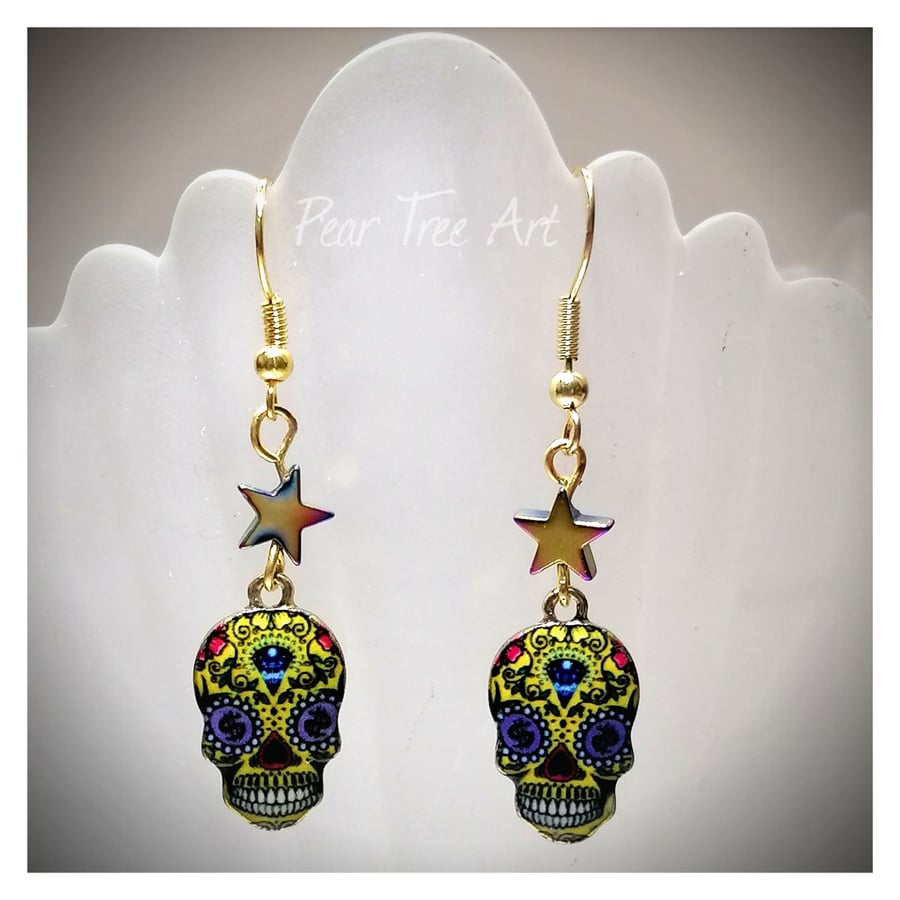  Yellow and Blue Sugar Skull Earrings with Star Beads