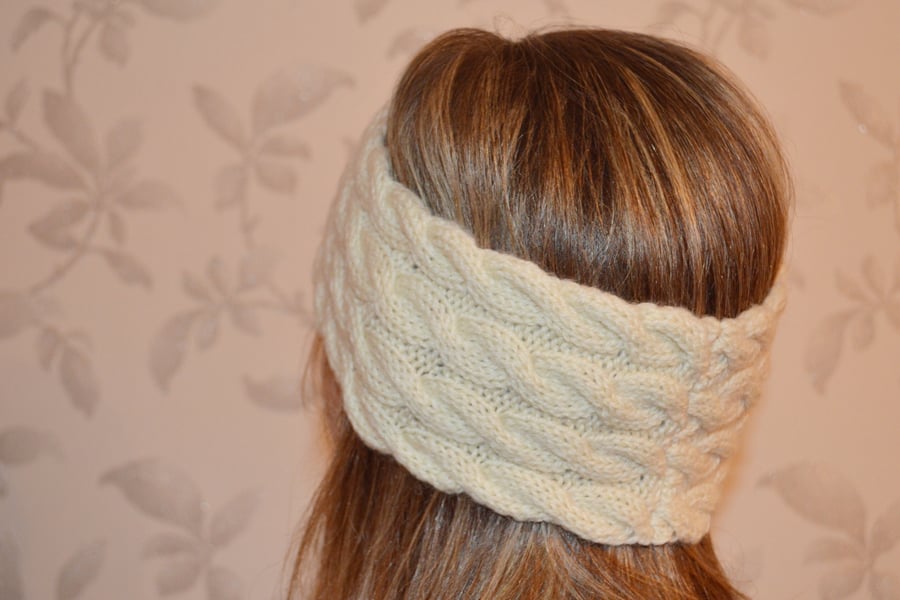 Woolen Hand Knitted HEADBAND earwarmer Cable Knit in natural white wool colour