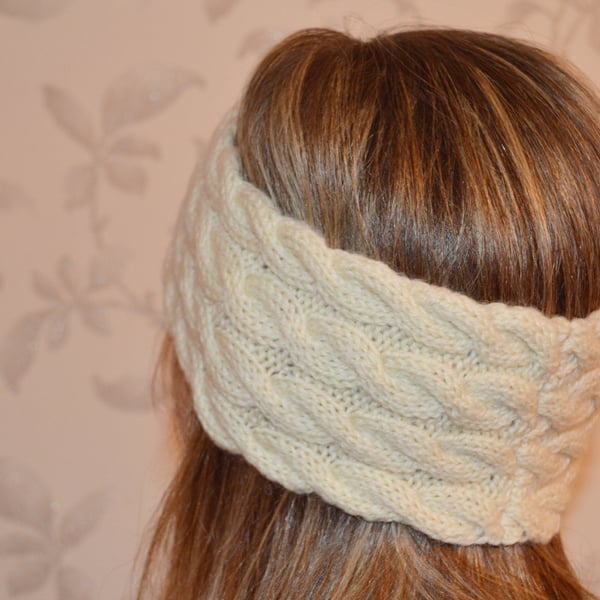 Woolen Hand Knitted HEADBAND earwarmer Cable Knit in natural white wool colour