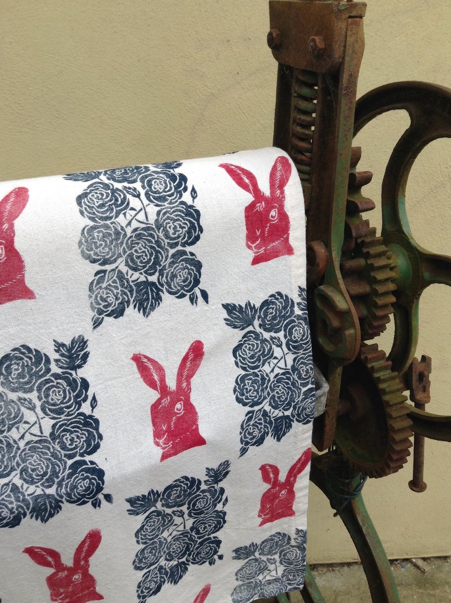 Hand Printed Hare Tea Towel