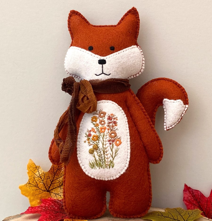 Woodland fox, hand sewn embroidered fox, hanging decoration, keepsake gift