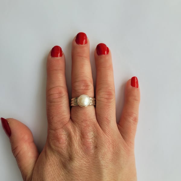 White Pearl Ring, Sterling Silver Freshwater Pearl Rings