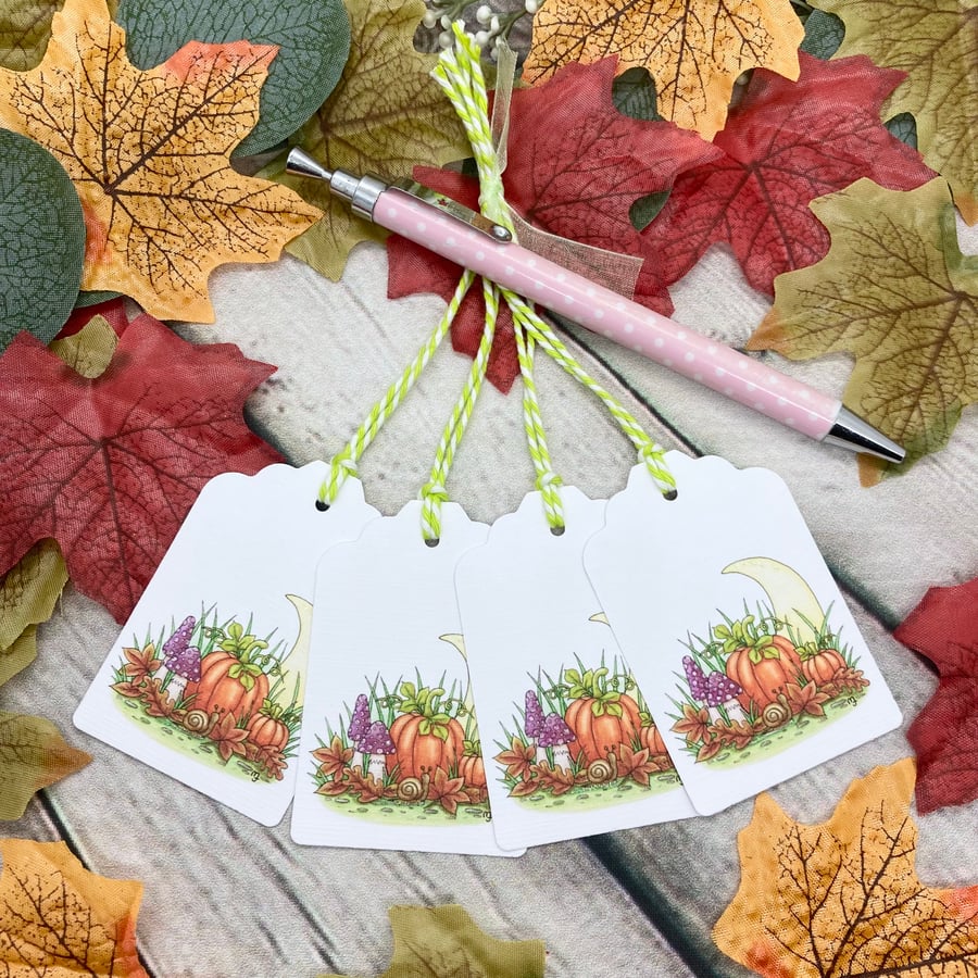 Autumn Moon Gift Tags - set of 4 tags - Toadstools & Pumpkins