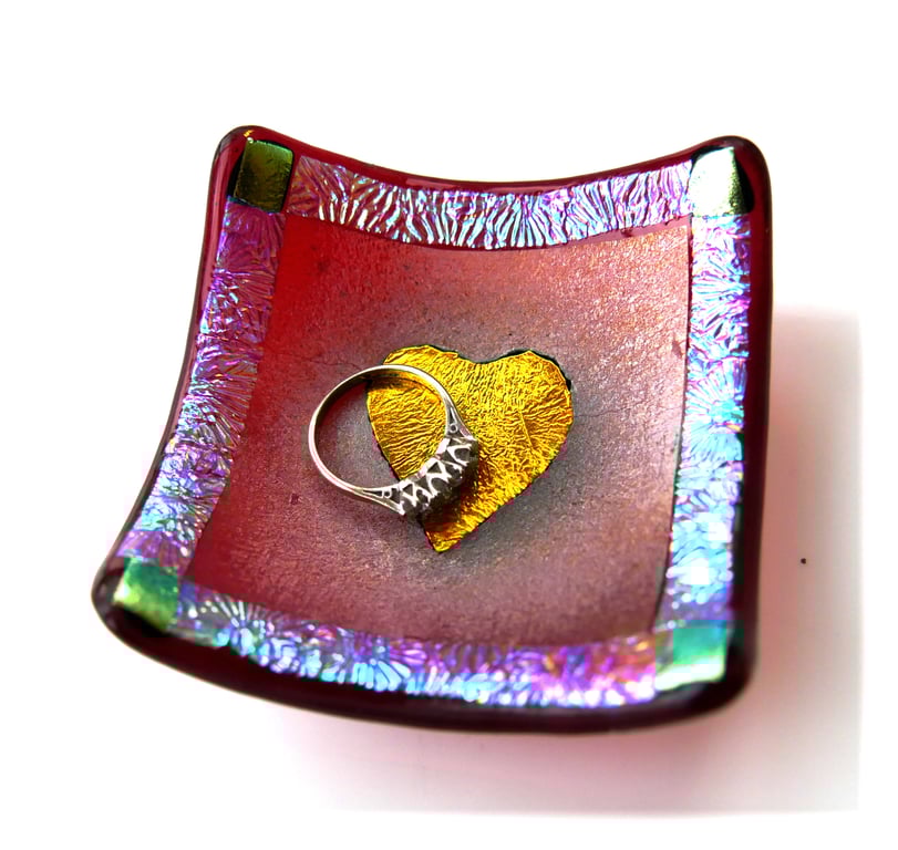 Heart Ring Dish Dichroic Fused Glass 7cm Bright Red Handmade Art