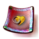 Heart Ring Dish Dichroic Fused Glass 7cm Bright Red Handmade Art