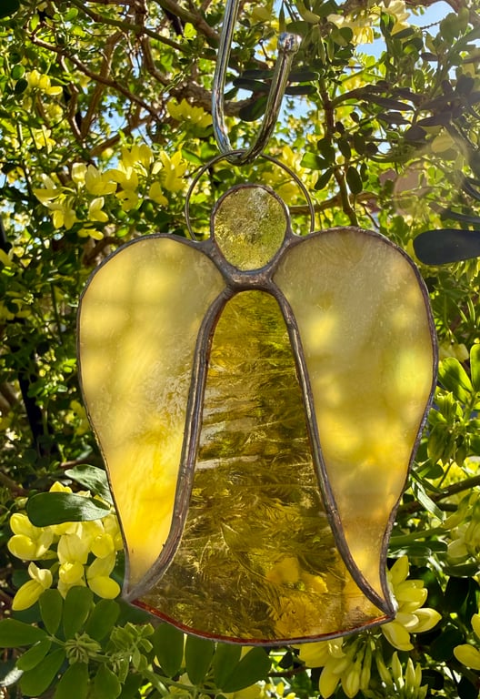 Stained Glass Bell Angel Decoration - Amber glow body with warm yellow wings