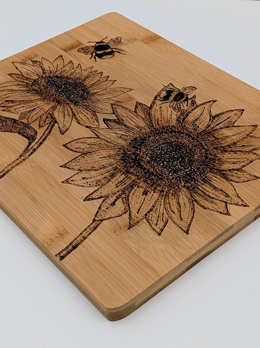 Sunflowers pyrography wooden chopping board, natural kitchen gift
