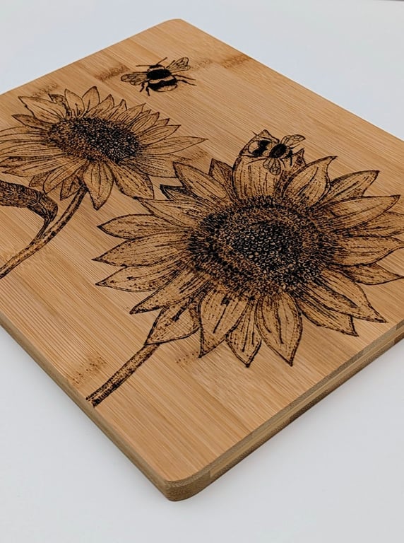 Sunflowers pyrography wooden chopping board, natural kitchen gift