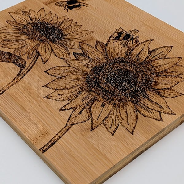 Sunflowers pyrography wooden chopping board, natural kitchen gift