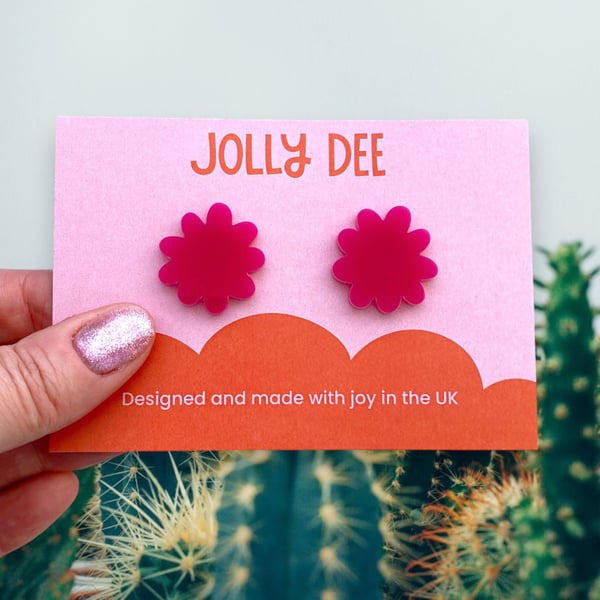 Pink flower studs, colourful earrings for her, simple unique plant lover gift