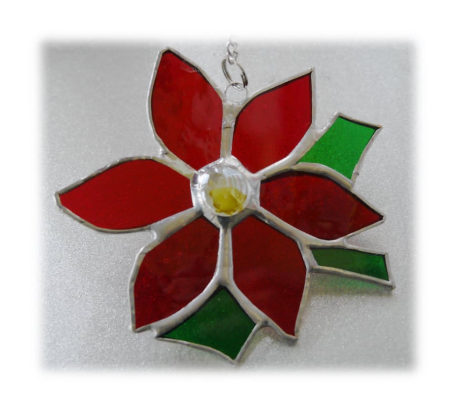 SOLD Poinsettia Suncatcher Stained Glass Red Christmas Flower 012