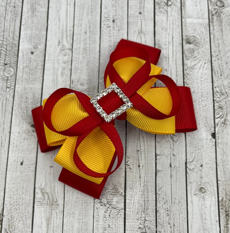 School Red and Yellow Gold Layer Bow with Red Loops on Clip