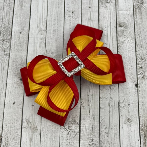School Red and Yellow Gold Layer Bow with Red Loops on Clip