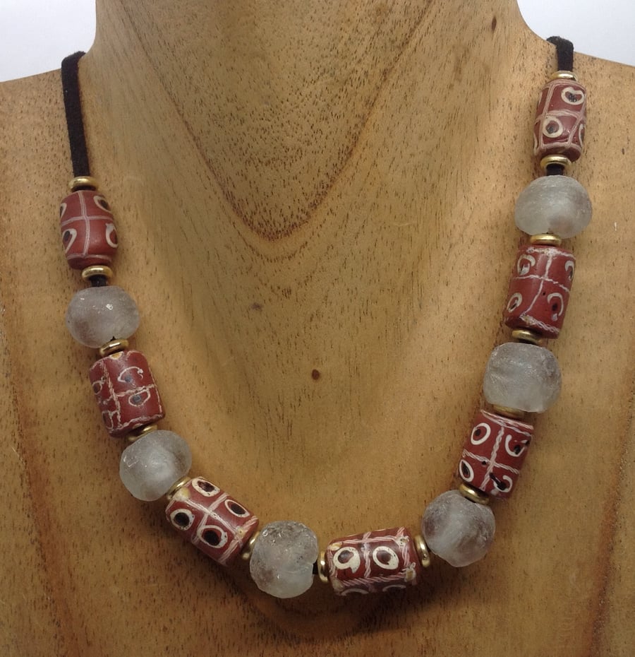 Cord necklace with rare old trade beads and African beads 