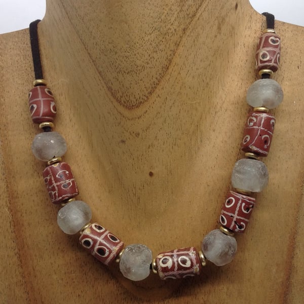 Cord necklace with rare old trade beads and African beads 