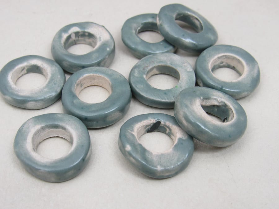 10 Medium Sage Green Glazed Ceramic Donut Beads