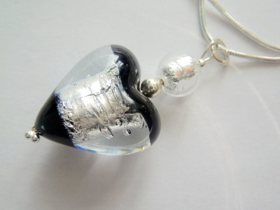 Murano glass silver and black heart pendant with sterling silver.