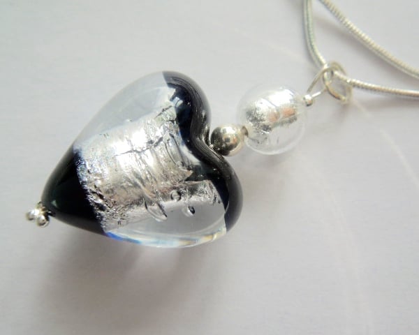 Murano glass silver and black heart pendant with sterling silver.