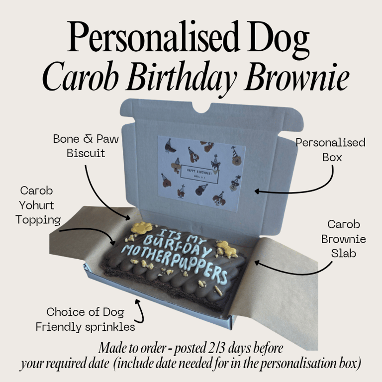 Personalised Dog Birthday Brownie treat box, Homemade iced carob brownie