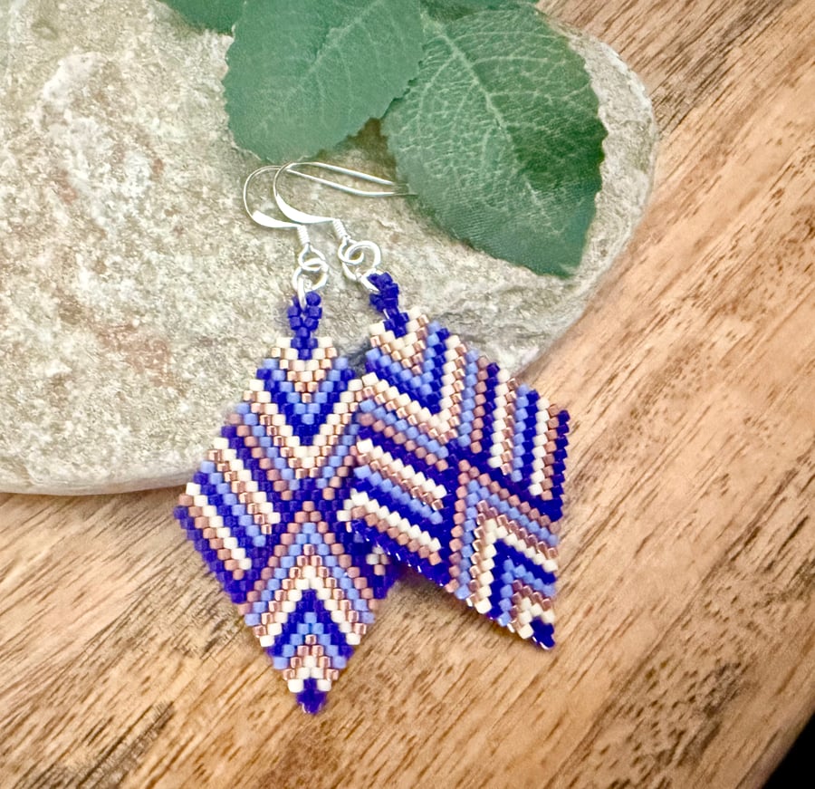 Handmade Beadwork Earrings in Blue & Copper with a Chevron Design