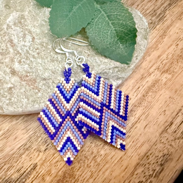 Handmade Beadwork Earrings in Blue & Copper with a Chevron Design