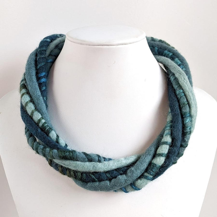 The Wrapped Twist: felted cord necklace in shades of teal and duck egg