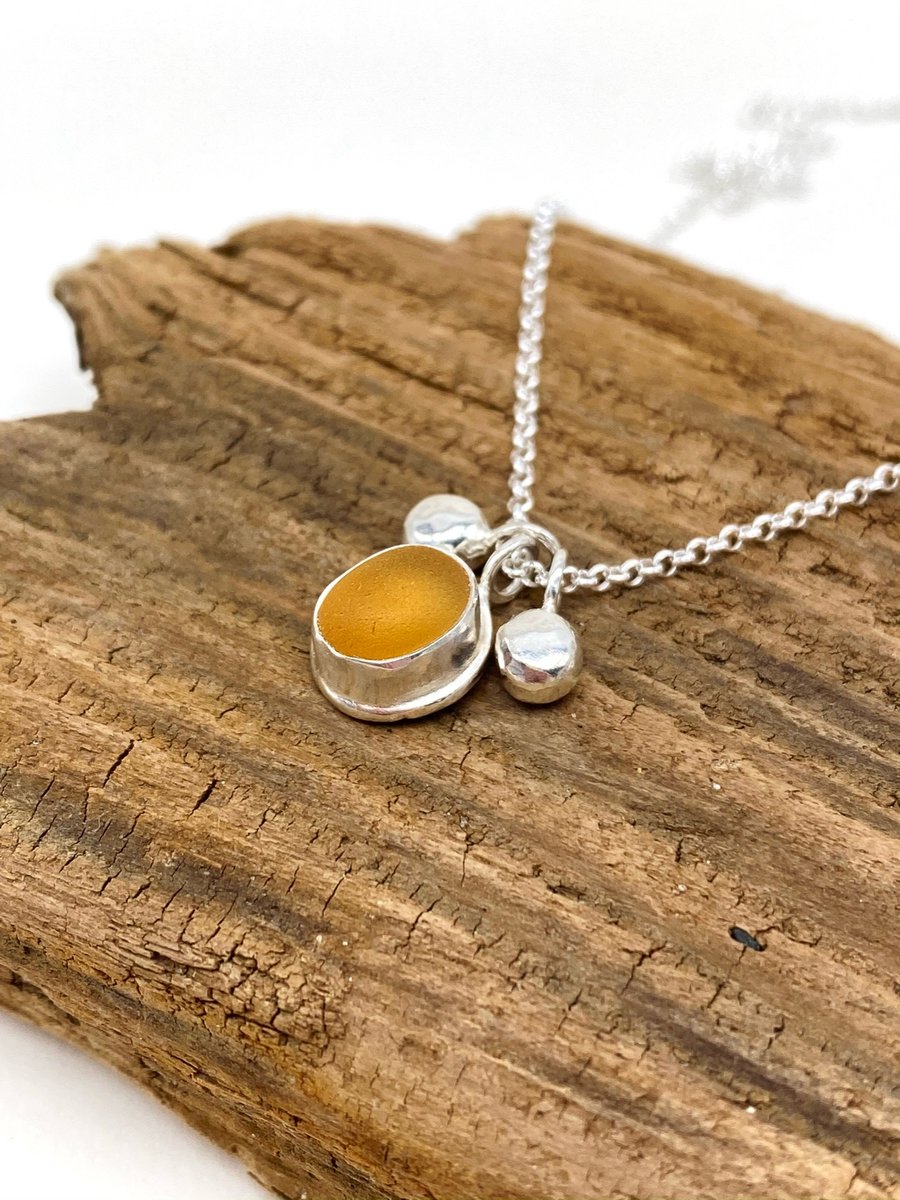 Yellow Sea Glass and Pebble Necklace