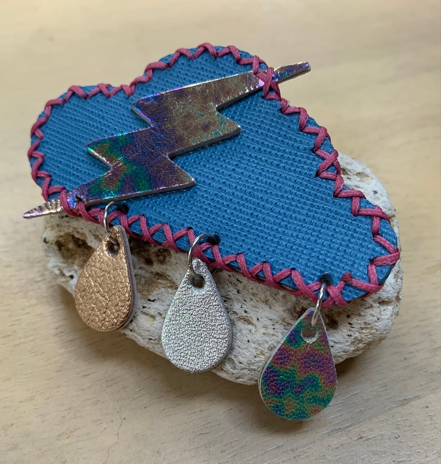 Leather cloud lightning bolt brooch 