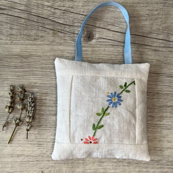 Vintage Floral Embroidered Linen Lavender Bag