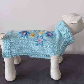 Hand Knitted Small Pale Blue Green Small Dog Coat With Embroidered Stars (R927)