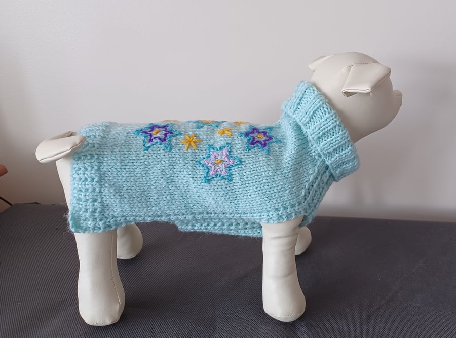 Hand Knitted Small Pale Blue Green Small Dog Coat With Embroidered Stars (R927)