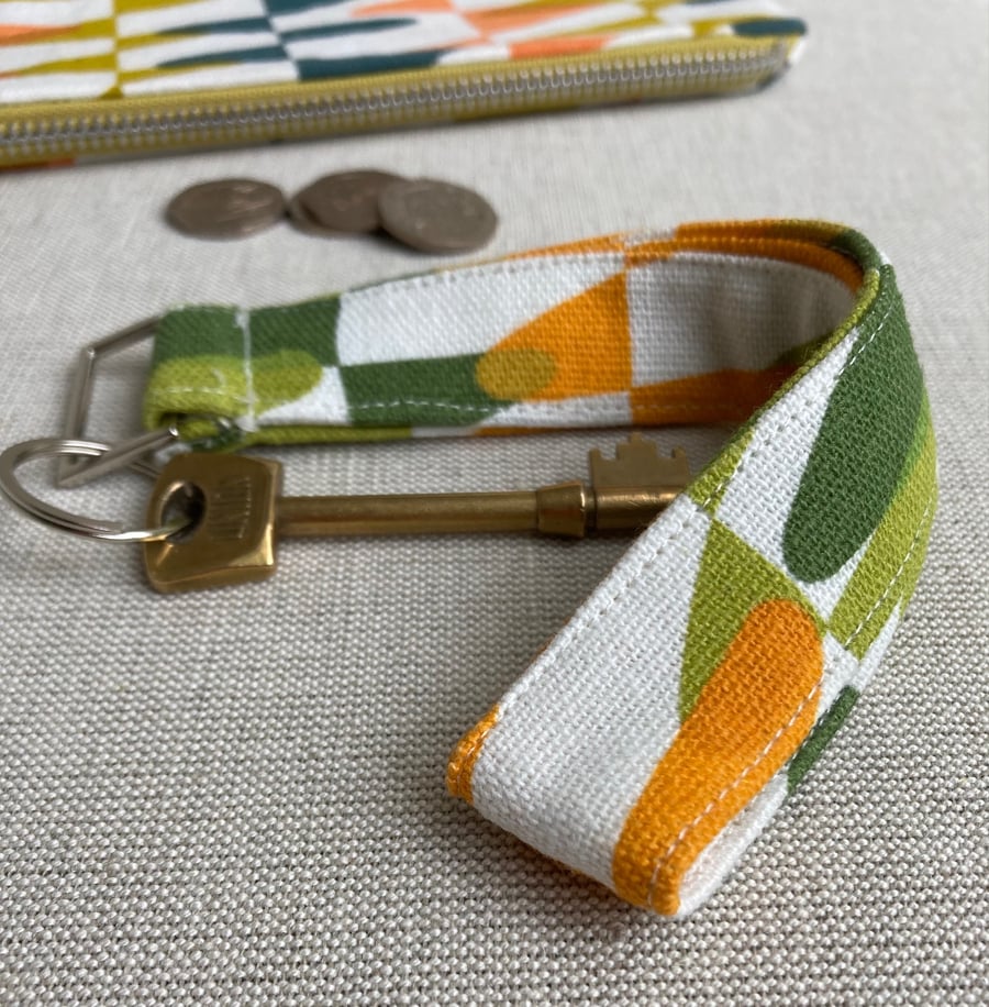 SECONDS SALE - Linen fabric Key ring - Key loop Green, pale orange