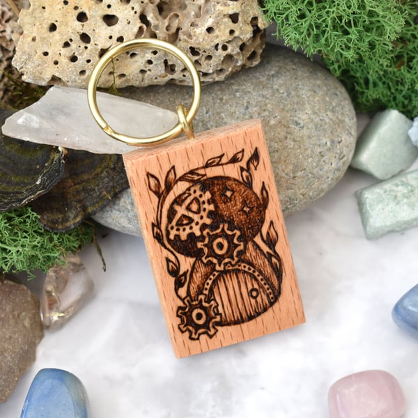 Steampunk fungi fairy abode. Pyrography key ring.