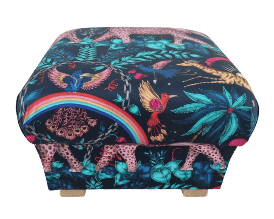 Emma Shipley Zambezi Pink Velvet Fabric Storage Footstool Elephants Blue Pouffe