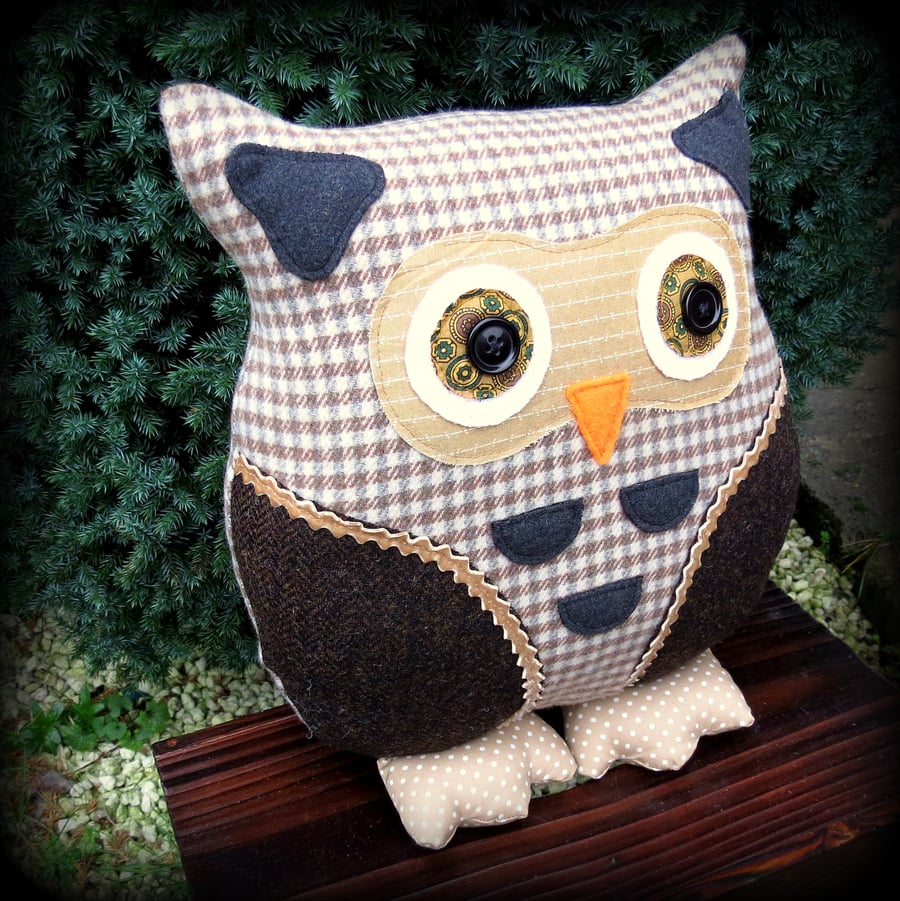SALE!!!  Hattie, a tactile tweed owl cushion.  35cm tall. 