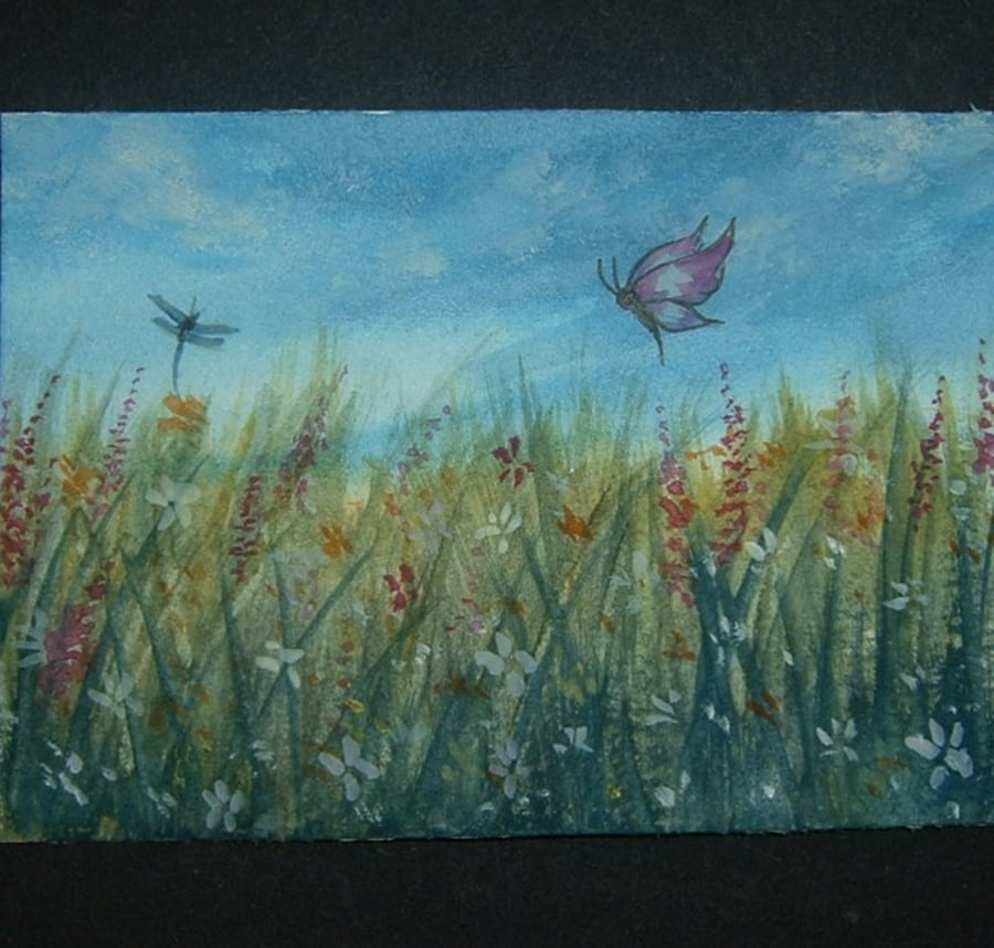 aceo art watercolour painting landscape butterfy ref 290