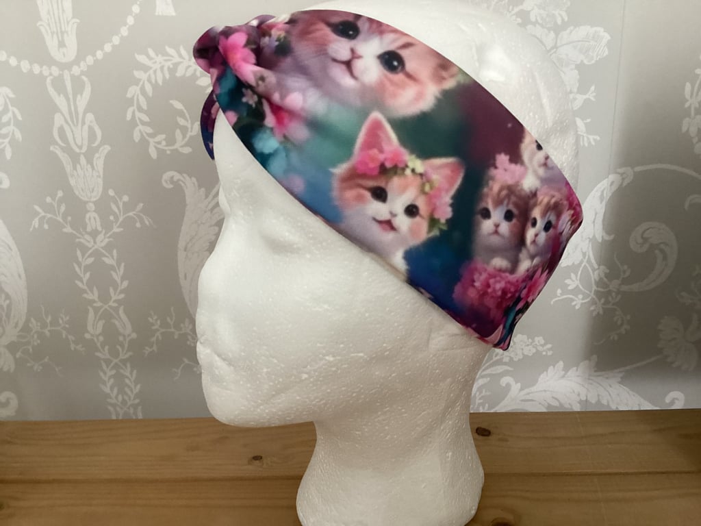Cat headband , pink floral headband, blue