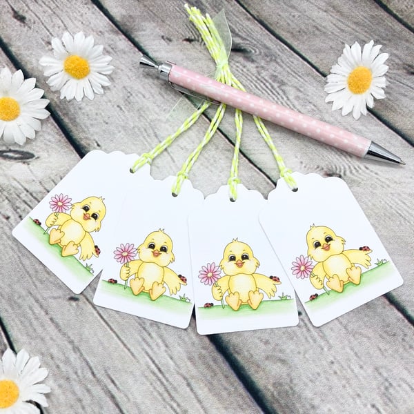 Easter Chick with Flower Gift Tags - set of 4 tags - Easter Gift Tags