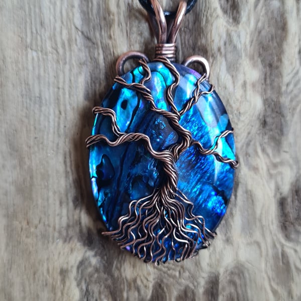 Blue Abalone Shell & Copper Tree of Life Necklace Pendant Gift Jewellery Jewelry